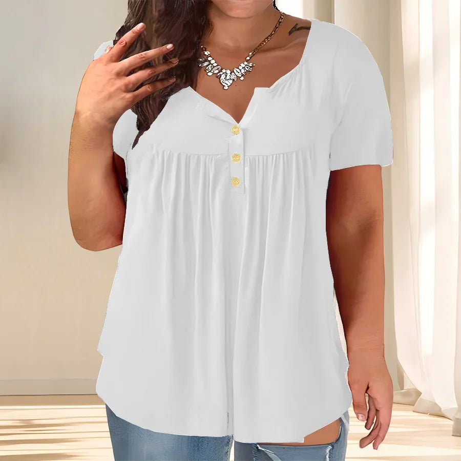 Solid Color Button Front Tee, Casual Fashion Short Sleeve Scoop Neck T-shirt for Summer