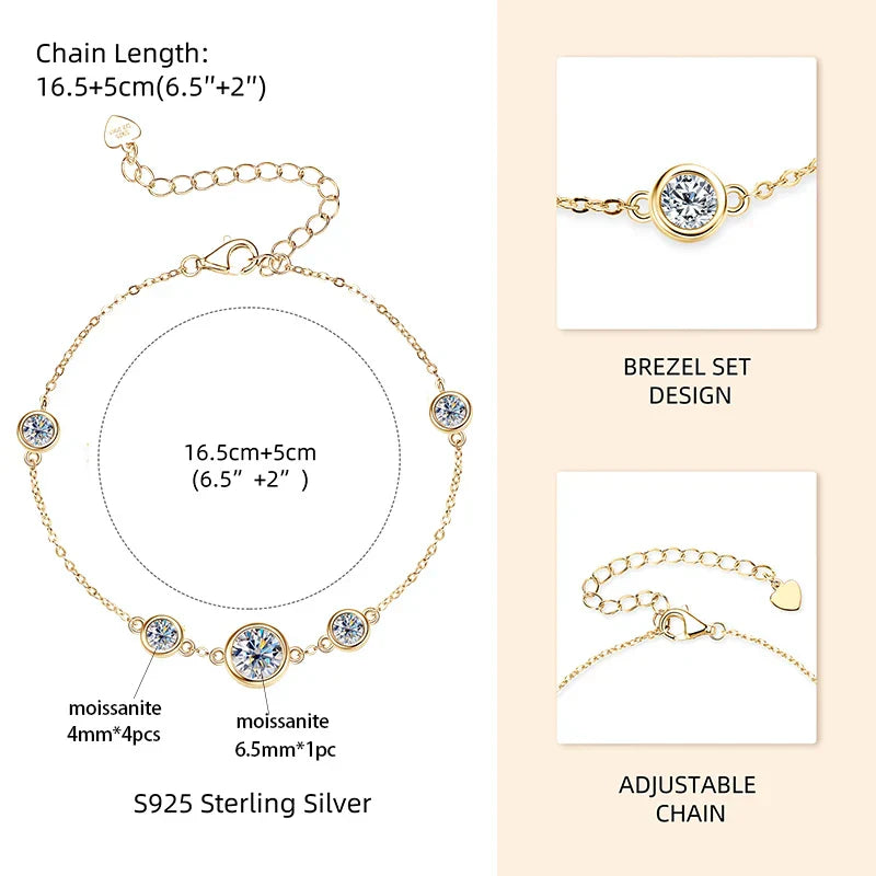 2024 New 18k Gold Plated Bracelet 925 Silver Chain 2mm D Color Bezel Moissanite Bracelets Fashion Women's Jewelry Gifts