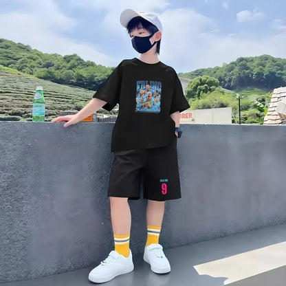 Summer Tees Football Famous General Print Set Suitable Children Short Sleeve Girls Boy Set Tshirt+Shorts 2pcs Kids Clothing