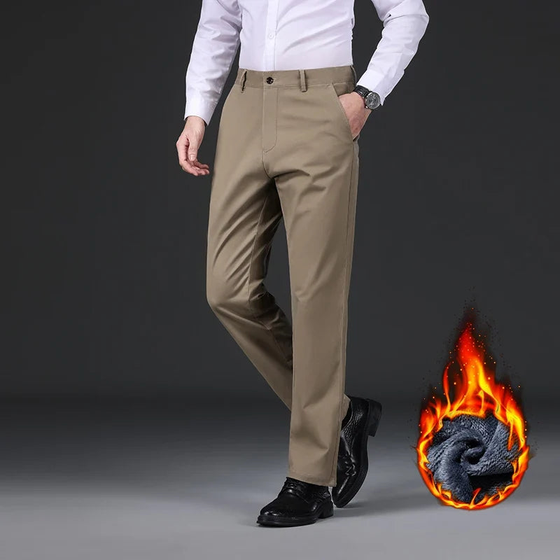 97% Cotton Straight Velvet Casual Pants Men Stretch Loose Classic Business Warm Trousers High Quality Winter Thick Fleece Pants
