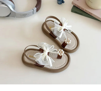 Summer Girl's Sandals Clip-toe Bowknot Elastic Band Soft Sole Kids Sliders Beautiful Pu Leather Chunky Morden Children Shoes