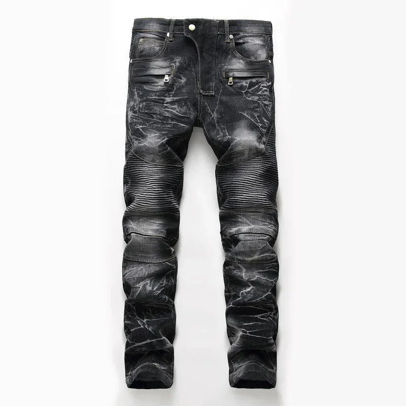 Zipper Pocket Retro Nostalgic Jeans Men's New Style High Street Motorcycle Fashion Stretch Slim Straight Denim Trousers Male