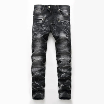 Zipper Pocket Retro Nostalgic Jeans Men's New Style High Street Motorcycle Fashion Stretch Slim Straight Denim Trousers Male