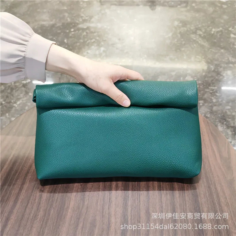 Simple Black Dull Handbag Rolled Edges Large Capacity Soft Texture Women's Casual Clutch Bag Vintage Artistic Style