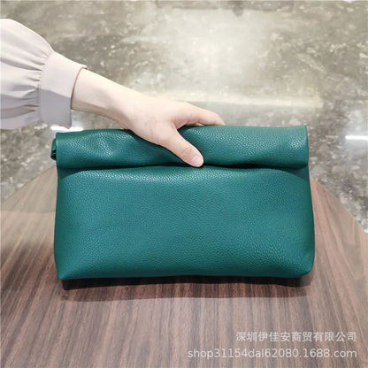 Simple Black Dull Handbag Rolled Edges Large Capacity Soft Texture Women's Casual Clutch Bag Vintage Artistic Style