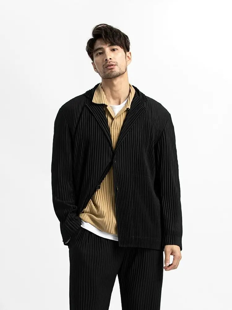 Pleated Blazer Black Suits For Men High Quality Casual Japanese Style Blazers Stretch Fabric Slim Fit Coat