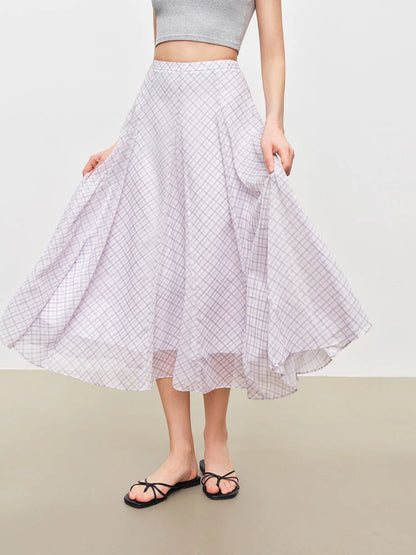 2026 Summer Women's Lilac Plaid High Waist A-Line Skirt for Daily and Resort Wear