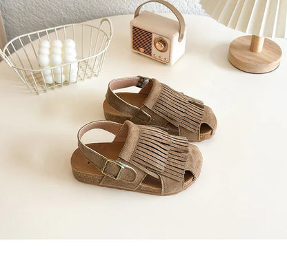 2025 Summer New Girls' Sandals Korean Style Tassel Princess Shoes Frosted Leather Hollow Sandals Comfortable 23-31