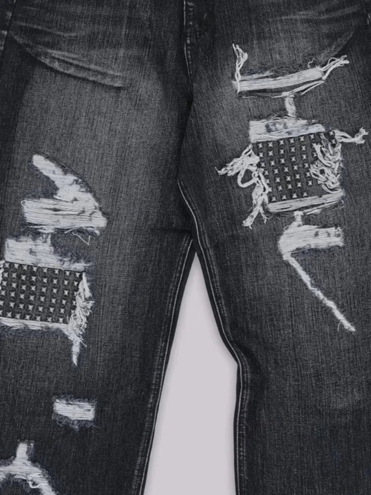 Mens Jeans Gothic Distressed Washed Denim Pant Harajuku Unisex Loose Fit Straight Leg Y2K Vintage High Street Streetwear Fashion