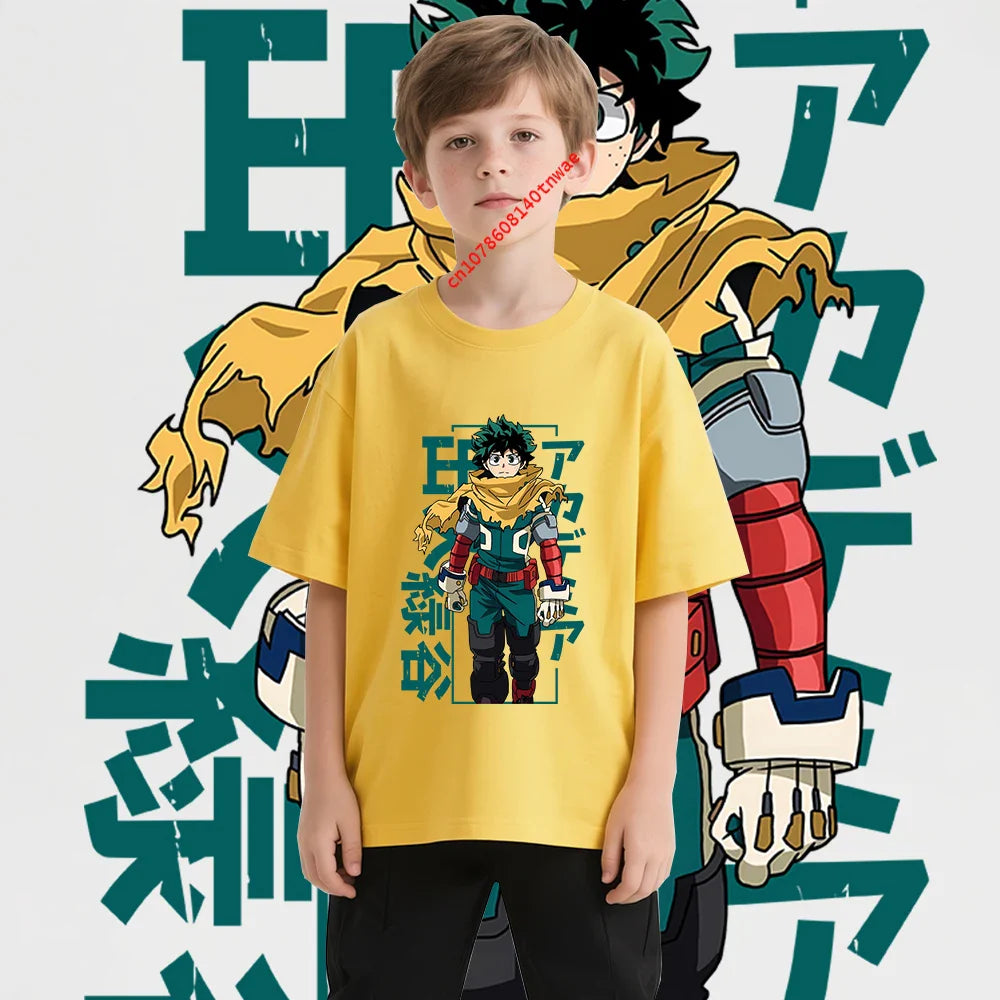 Kids Cotton Tshirt Mha Midoriya Print Anime Cartoon Tops for Boys Girls 100-160cm Casual Tee Children Clothing