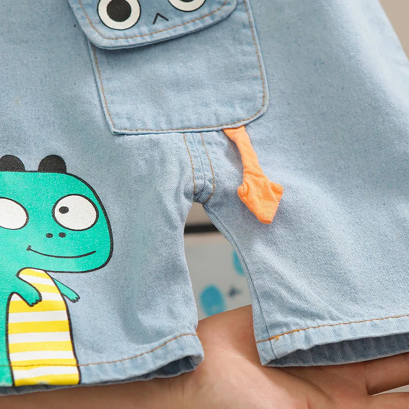 Summer Baby Boys Clothes Suit Toddler Kids Jumpsuit Boys Suspender Denim Shorts&Tshirt 2 pcs Sets Children Clothes Elastic Jeans
