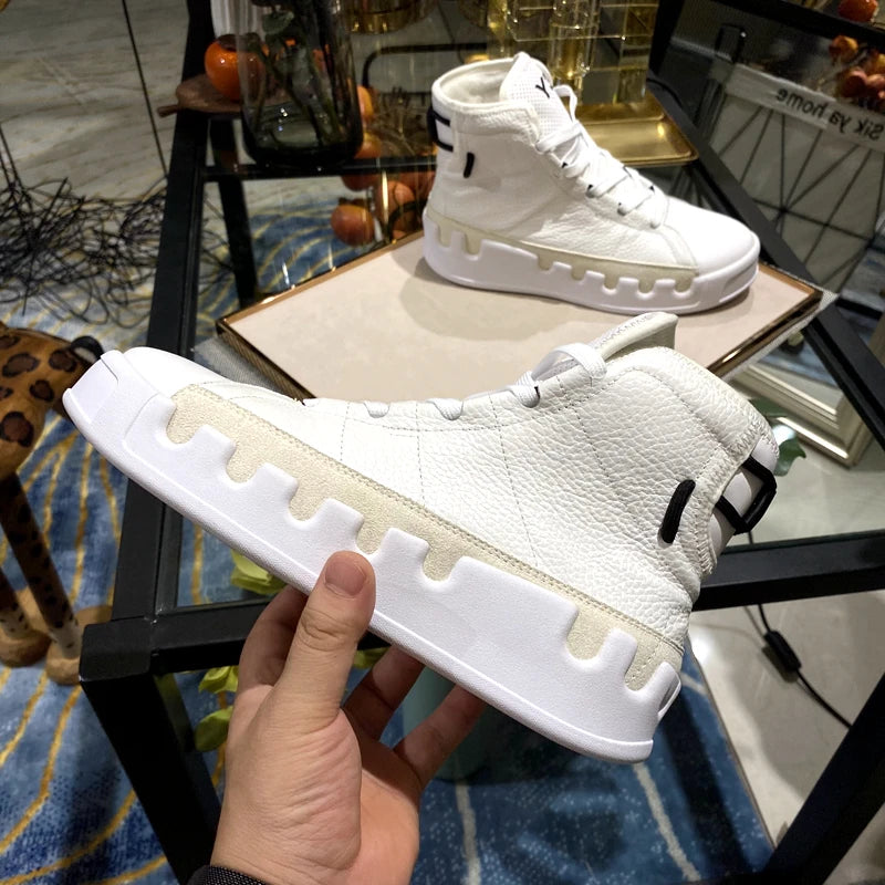 American European Fashion Casual Shoes Men High-top Sneaker Boots Cowhide Comfortable Leather Ankle Boots Lace-up Flat Trainers