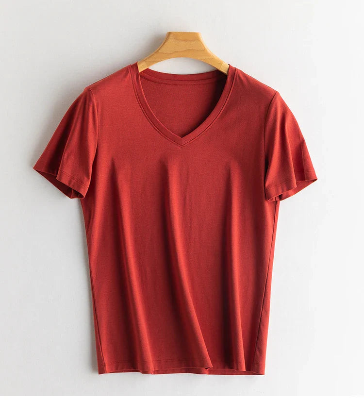 6% Real Silk Cotton Modal Women's T-shirt 2026 Summer Tees Short Sleeve Solid Tee Shirts V-neck Casual Woman Basic T shirt Tops