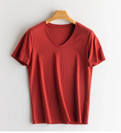 6% Real Silk Cotton Modal Women's T-shirt 2026 Summer Tees Short Sleeve Solid Tee Shirts V-neck Casual Woman Basic T shirt Tops