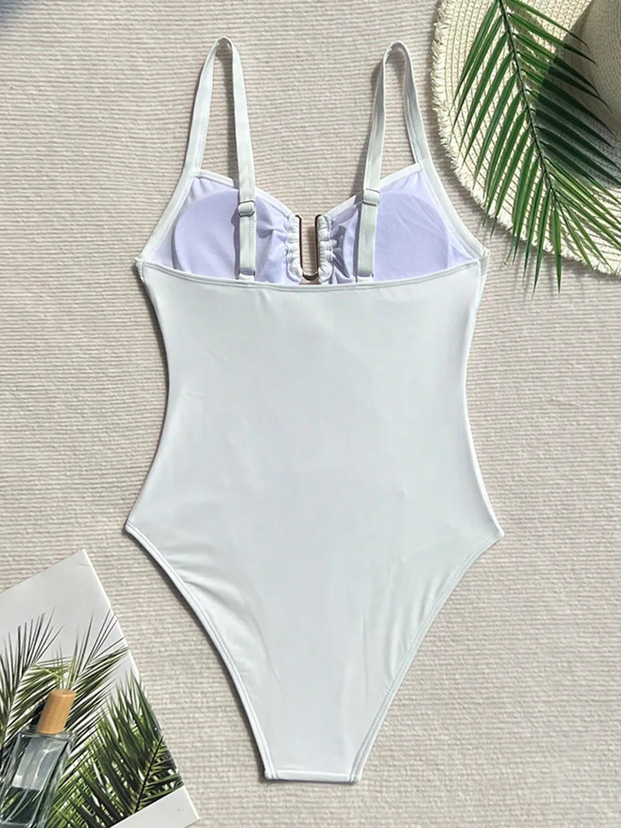 2026 V Neck Pleated Swimsuits Female Swimwear One Piece Swimsuit Women High Cut Bather Bathing Suit Swim Beachwear Slim Bodysuit