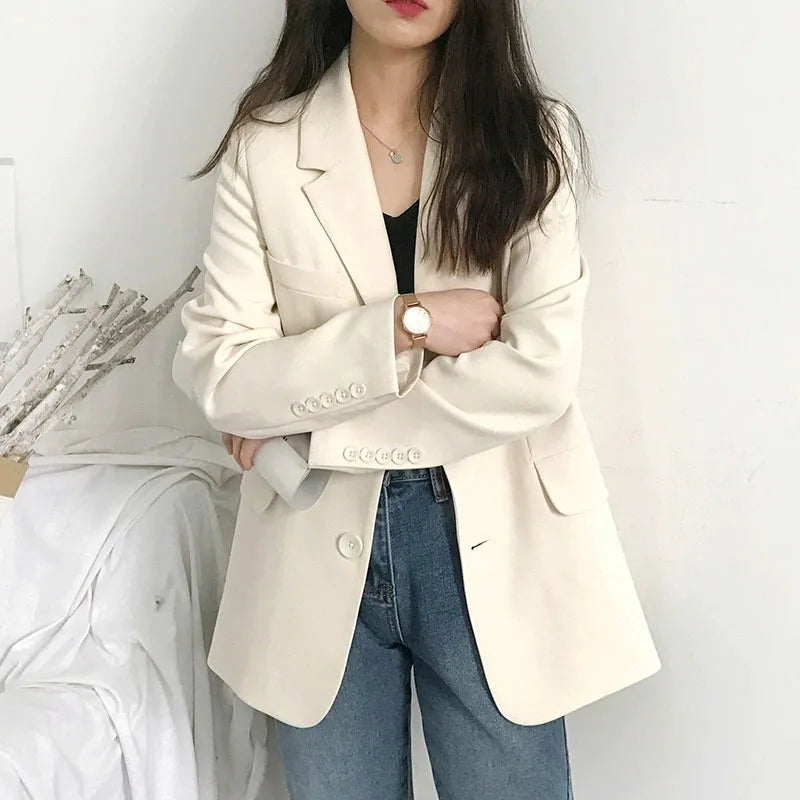 Elegant Women's Blazer Jacket Black Long Sleeve Button-Up Notch Lapel Office Jackets Woman Casual Solid Color with Pocket Blazer