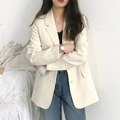Elegant Women's Blazer Jacket Black Long Sleeve Button-Up Notch Lapel Office Jackets Woman Casual Solid Color with Pocket Blazer