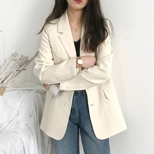 Elegant Women's Blazer Jacket Black Long Sleeve Button-Up Notch Lapel Office Jackets Woman Casual Solid Color with Pocket Blazer
