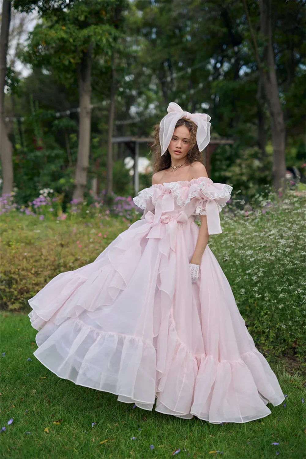 Baby Pink Off Shoulder Prom Dress Sweet Edge Curl Organza Vestidos De Noche Puffy Prom Dress Customized فساتين السهرة
