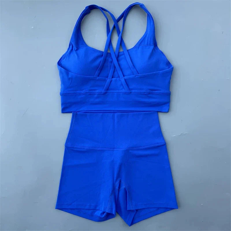 Solid Color gym bike Yoga Set short Legging +cross sport bra Tracksuit  Athletic Women Gym Suit Comprehensive Training Jogging
