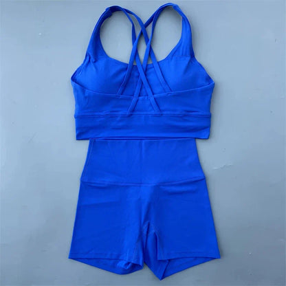 Solid Color gym bike Yoga Set short Legging +cross sport bra Tracksuit  Athletic Women Gym Suit Comprehensive Training Jogging
