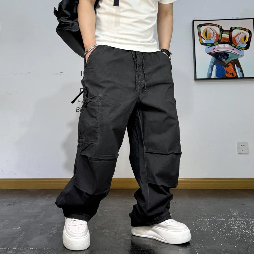 Mens American Vintage Baggy Cargo Pants Multi Pocket Distressed 100% Cotton Straight Leg Loose Fit Premium Quality Pants Trendy