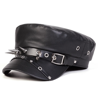 Fashion Women Large Belt Buckle Leather Hat Spring Autumn Sailor Hats Black Ladies Beret Caps Men Flat Top Captain Military Caps