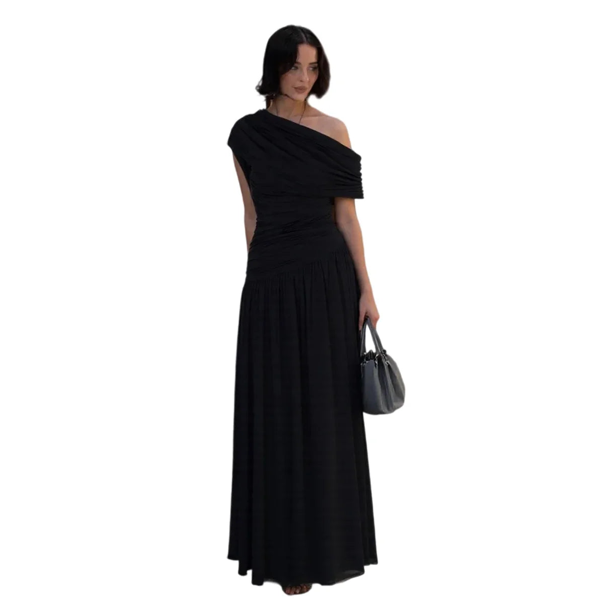 One Shoulder Ruched Sleeveless Solid Pleated Sexy Irregular Y2K Maxi Dress Summer Elegant Party Women Clothes Vacation