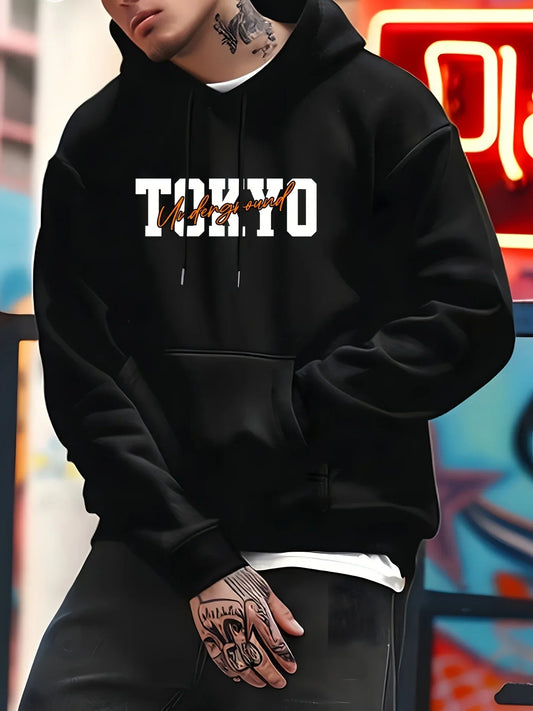 Men'S Tokyo Racing Graphic Hoodie Stylish Black Pullover with Orange Sports Car Design Loose Fit Long Sleeve Casual Streetwear
