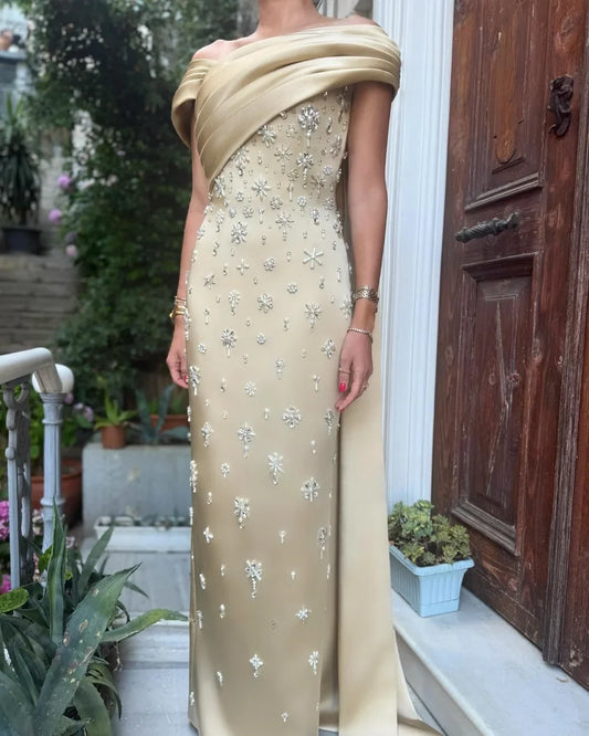 Customized Exquisite Elegant Charmeuse Rhinestone Pleat Straight Off-the-shoulder Long Dresses Bespoke Occasion Dresses Formal