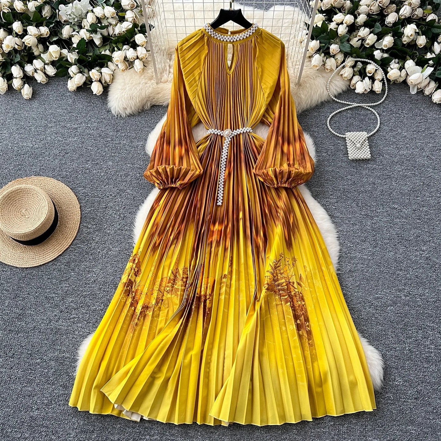 Ele High-End Women's Dr Faionable Beaded round Ne Hollow out Pleated Lantern Sve Waist Cinched Floral Print Lon...