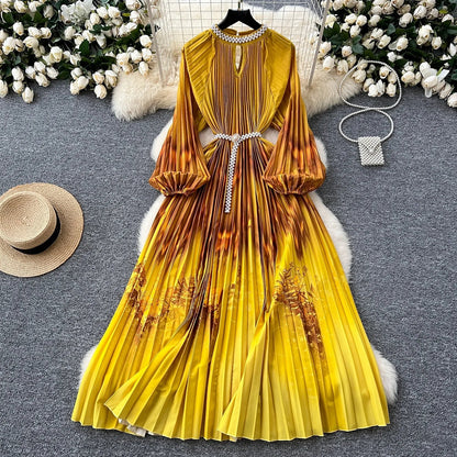 Ele High-End Women's Dr Faionable Beaded round Ne Hollow out Pleated Lantern Sve Waist Cinched Floral Print Lon...