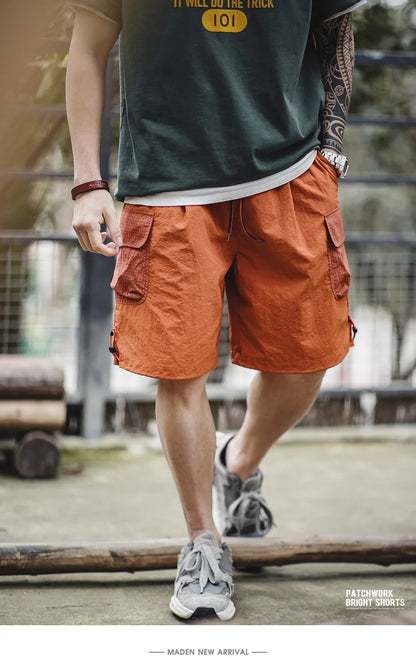 Summer Men Straight Shorts Orange Patchwork Gingham Loose Beach Pants Plus Size Shorts Elastic Waist Light Breathable