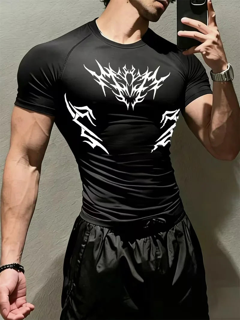 Men's sports tight short sleeved shirt with pink spider pattern print design, breathable, quick drying, sweat absorbing