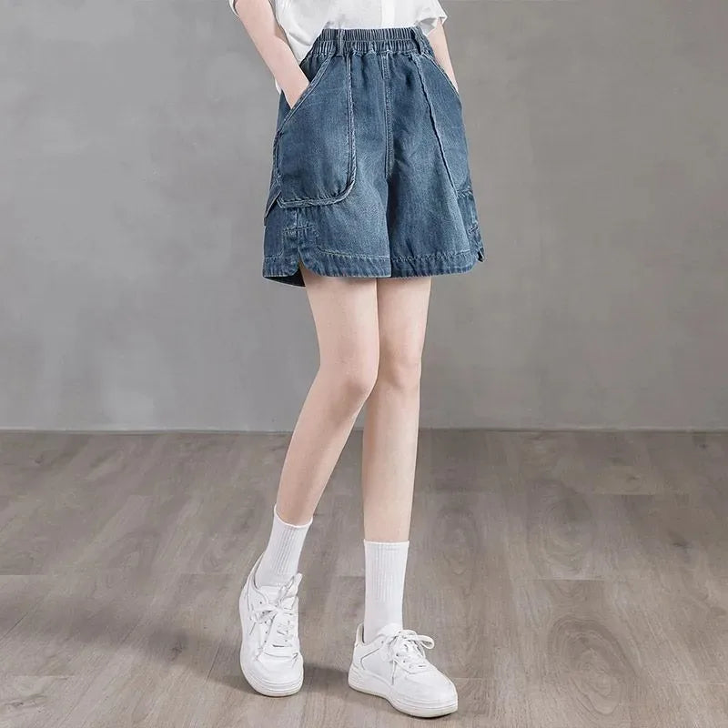Women's High Waist Elastic Waist Wide Leg Denim Shorts