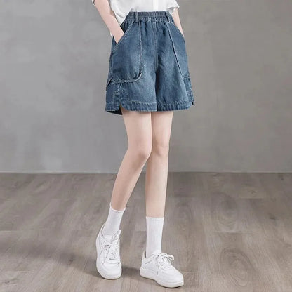 Women's High Waist Elastic Waist Wide Leg Denim Shorts