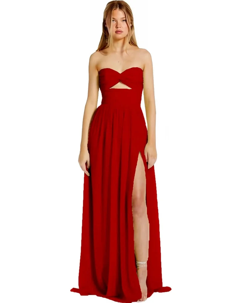 Strapless Chiffon Prom Dresses Pleated Sexy High Split Backless Cocktail Party Dress Off The Shoulder Long Homecoming Dress
