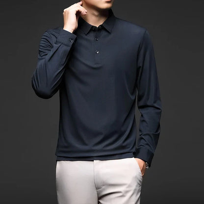 Mulberry Silk Men's Polo Shirts Luxury Long Sleeve Solid Color Golf Male T-shirts Spring Autumn Business Casual Man Tees