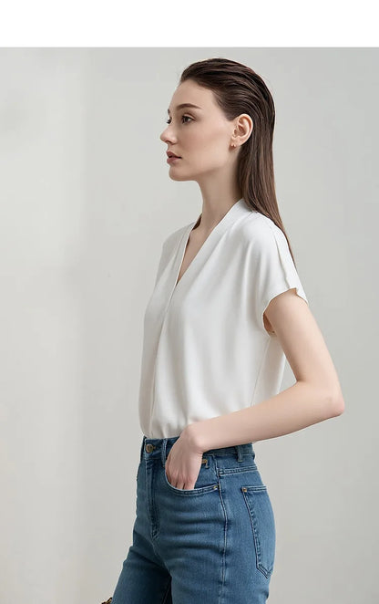 Minimalism 2026 Summer Women's T-shirt Classic Style Casual V-neck Short Sleeve Solid Stretch Female Tops & Tees 12612011