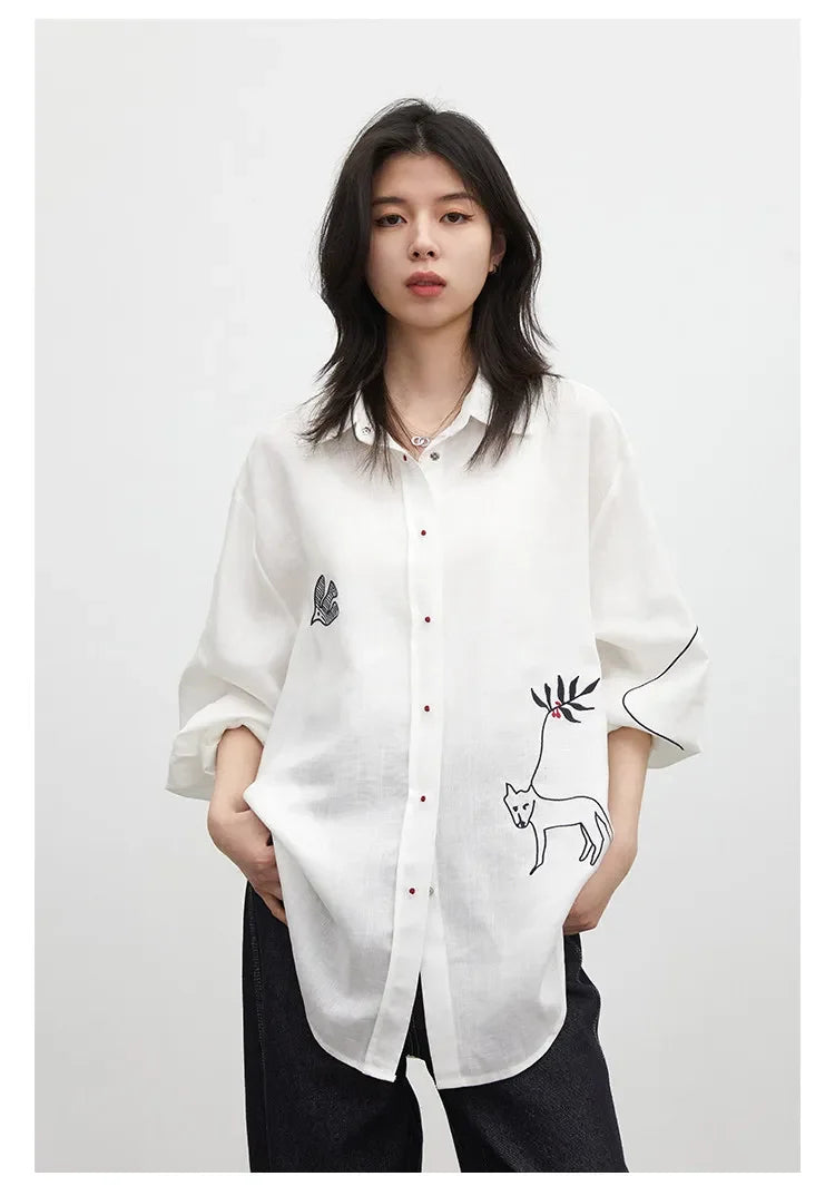 Fashion Women Shirt White Single-breasted Loose Casual Long Sleeve Pony Embroidered Female Blouses Spring Summer 2026