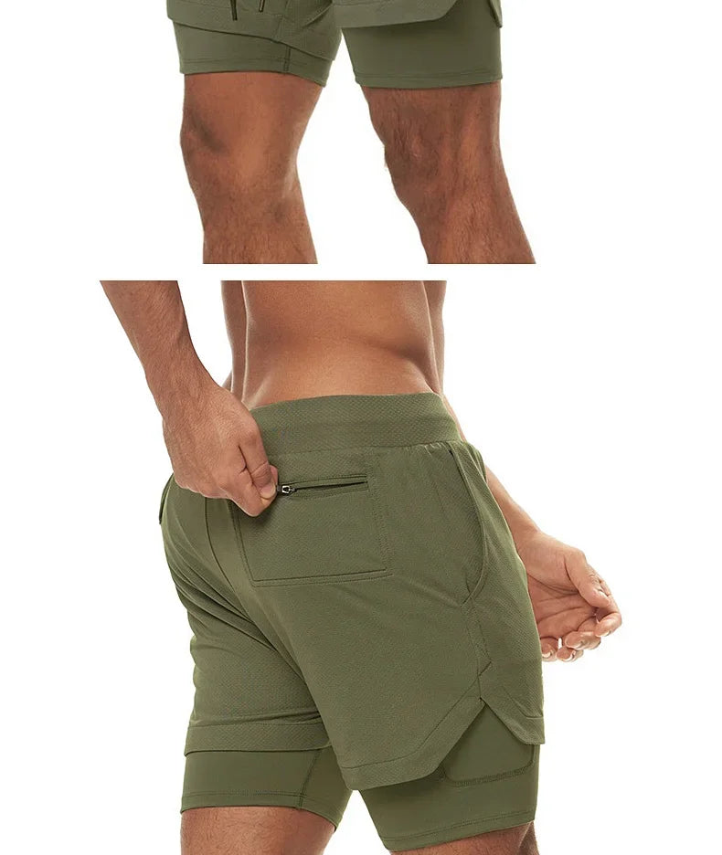 Men's 2 in 1 Double-deck Gym Shorts Quick Dry Summer Running Workout Shorts Zipper Pockets Slim Fit Fitness Training Short Pants