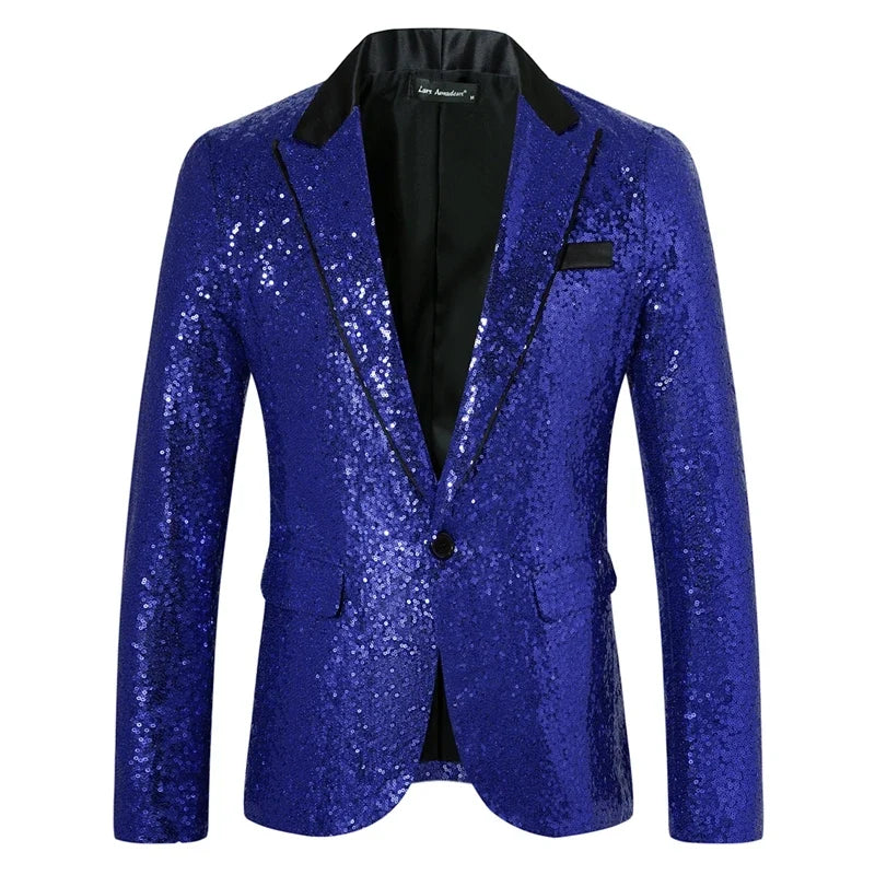 New Men Luxury Sequin Suit One Button Jacket Red / Black Fashion Singer Host Wedding Prom Party Stage Performance Dress Blazer