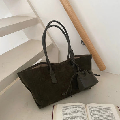 Vintage Large Capacity Suede Tote Bag Designer Trapeze Shoulder Bags for Women Luxury Genuine Leather Handbag and Purse 2026