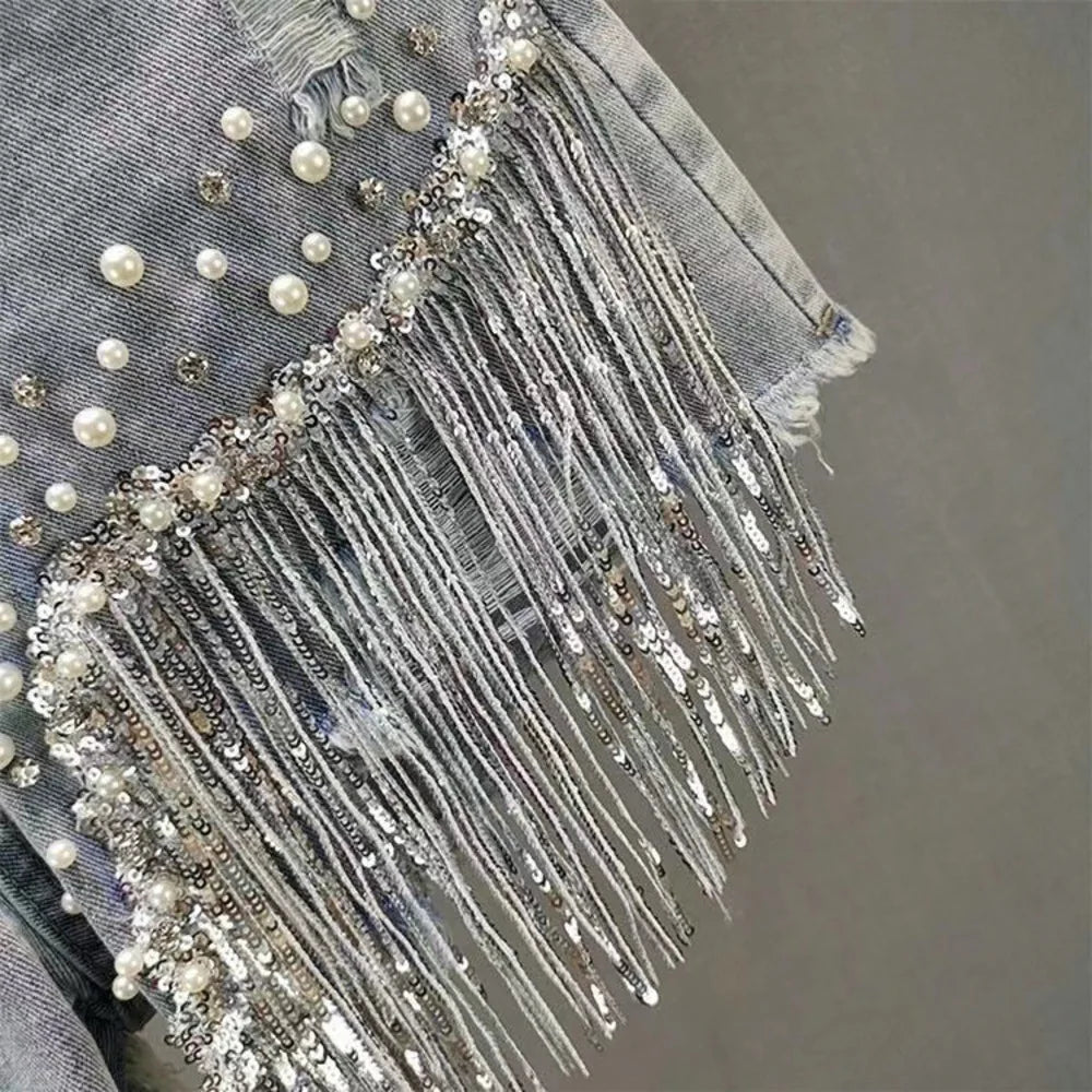 New 2026 Summer Women Heavy Beaded Rhinestone Shorts High Waist Sequin Tassel Ripped Wide Leg Hot Pants