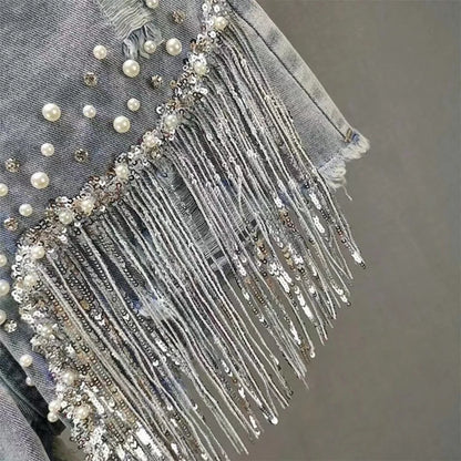 New 2026 Summer Women Heavy Beaded Rhinestone Shorts High Waist Sequin Tassel Ripped Wide Leg Hot Pants