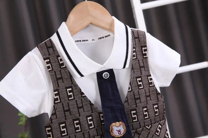 Children Boys Cotton Clothes Outfits Gentleman Tie Patchwork Vest T-Shirt 2pcs/Set Toddler Kids Clothing Sets Suit 0-5 Years