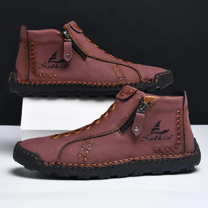 New Winter 2024 Handmade Leather Men Boots Zipper Design Sneakers Man Breathable Casual Leather Shoes Men Ankle Boots Outdoor