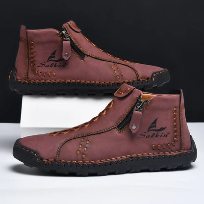 New Winter 2024 Handmade Leather Men Boots Zipper Design Sneakers Man Breathable Casual Leather Shoes Men Ankle Boots Outdoor