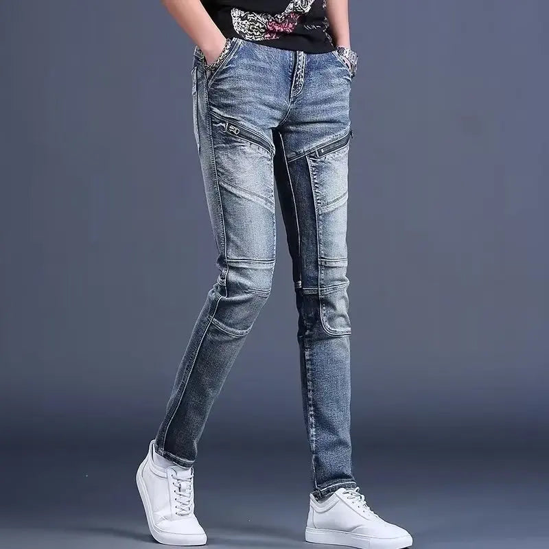 High-End Men's Slim Fit Jeans with Zipper Splicing Elastic Casual Long Trousers Trendy Retro Style Cotton Stretch Denim