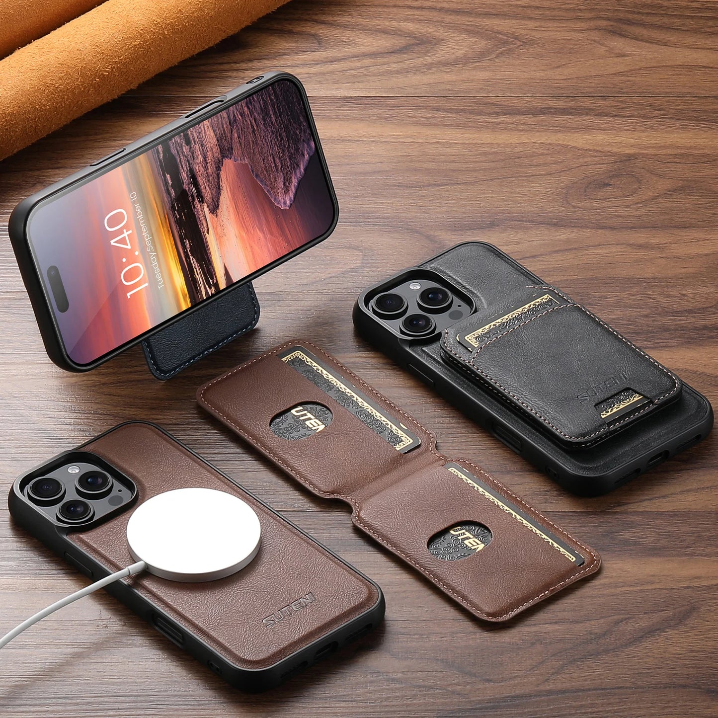 Wireless Charging Magnet PU Leather Phone Case Card Holder Stand For iPhone 17 Pro Max 16 Plus 15 Pro 13 12